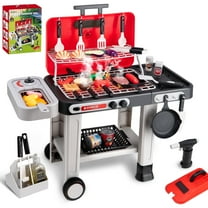 JUGAAD LIFE 43 PCS Kids BBQ Grill Playset, Pretend Play Kitchen Toy Set, Barbecue Toy with Wheels, Sound Light, Outdoor Food Toys Cooking Set for Toddler, Birthday Gift Boys Girls