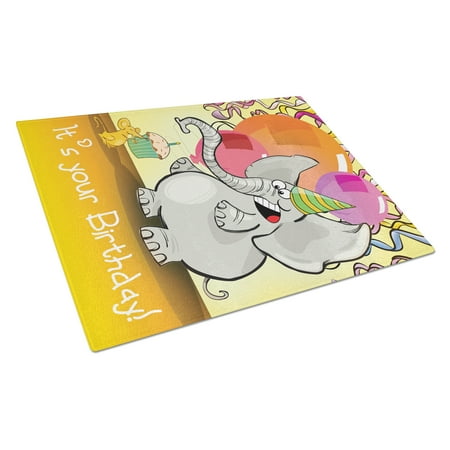 

Carolines Treasures APH7228LCB Happy Birthday Elephant Glass Cutting Board Large 12H x 16W multicolor
