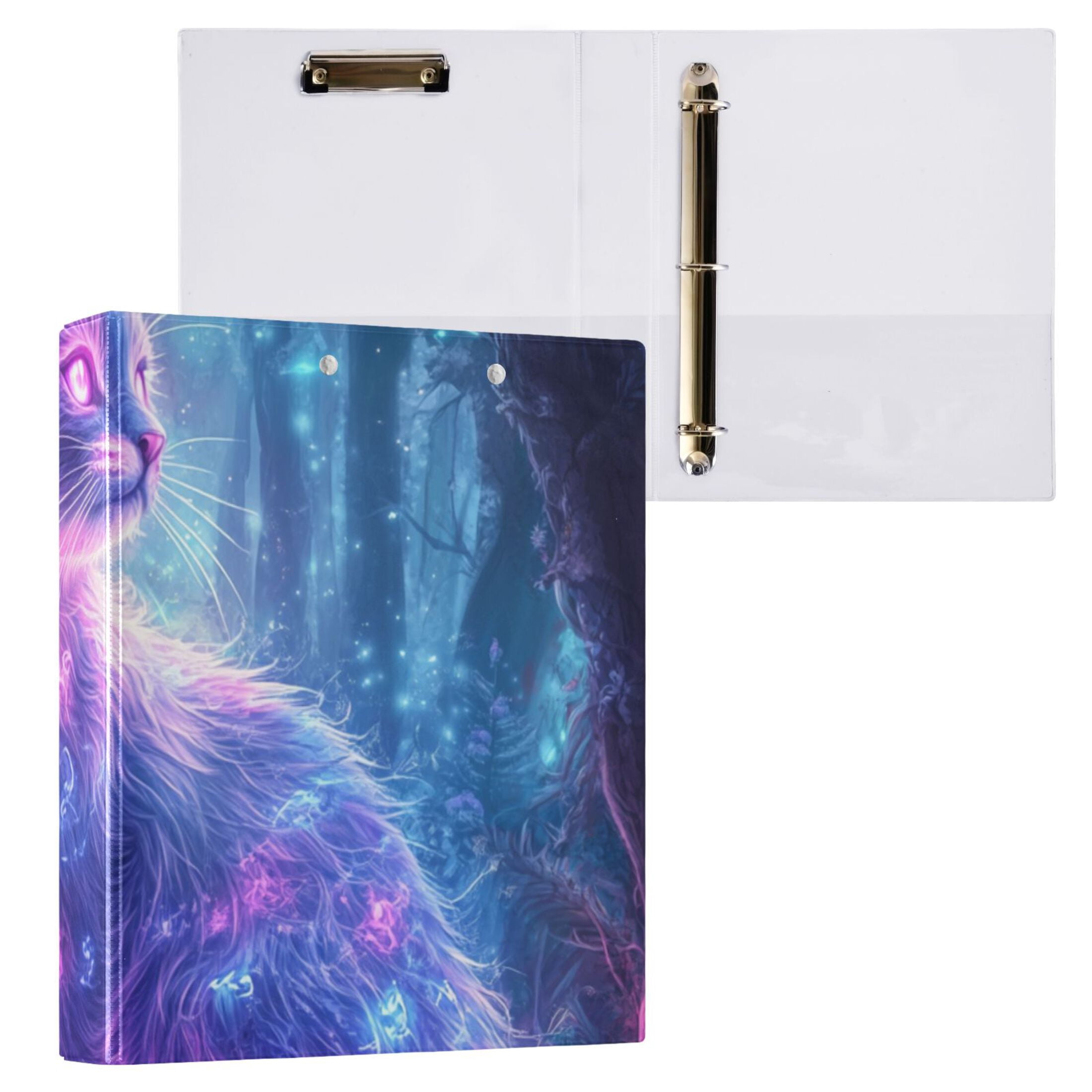 Cat Glowing Neon Hair 3 Ring Binders 1.5 inch Hardcover File Folders with Interior Pockets A4 Size Organizer for School Office Hospital