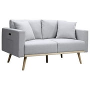 Homestock Modern Muse Linen Fabric Loveseat with USB Charging Ports Pockets & Pillows