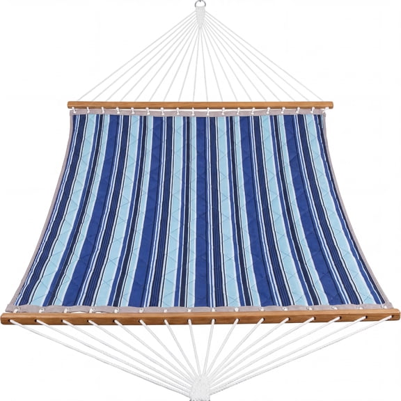 Double Quilted Hammock with Wooden Spreader Bar – For 2 Persons, Removable Pillow, Adjustable Steel Stand, 450lbs Capacity, Weather Resistant – Light-Navy Blue Stripe, 350cm