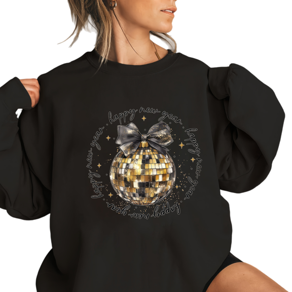 Graphic Sweatshirt Print Sweatshirt White S-4XL Happy New Year Gold Disco Ball Themed Holiday fashion priint