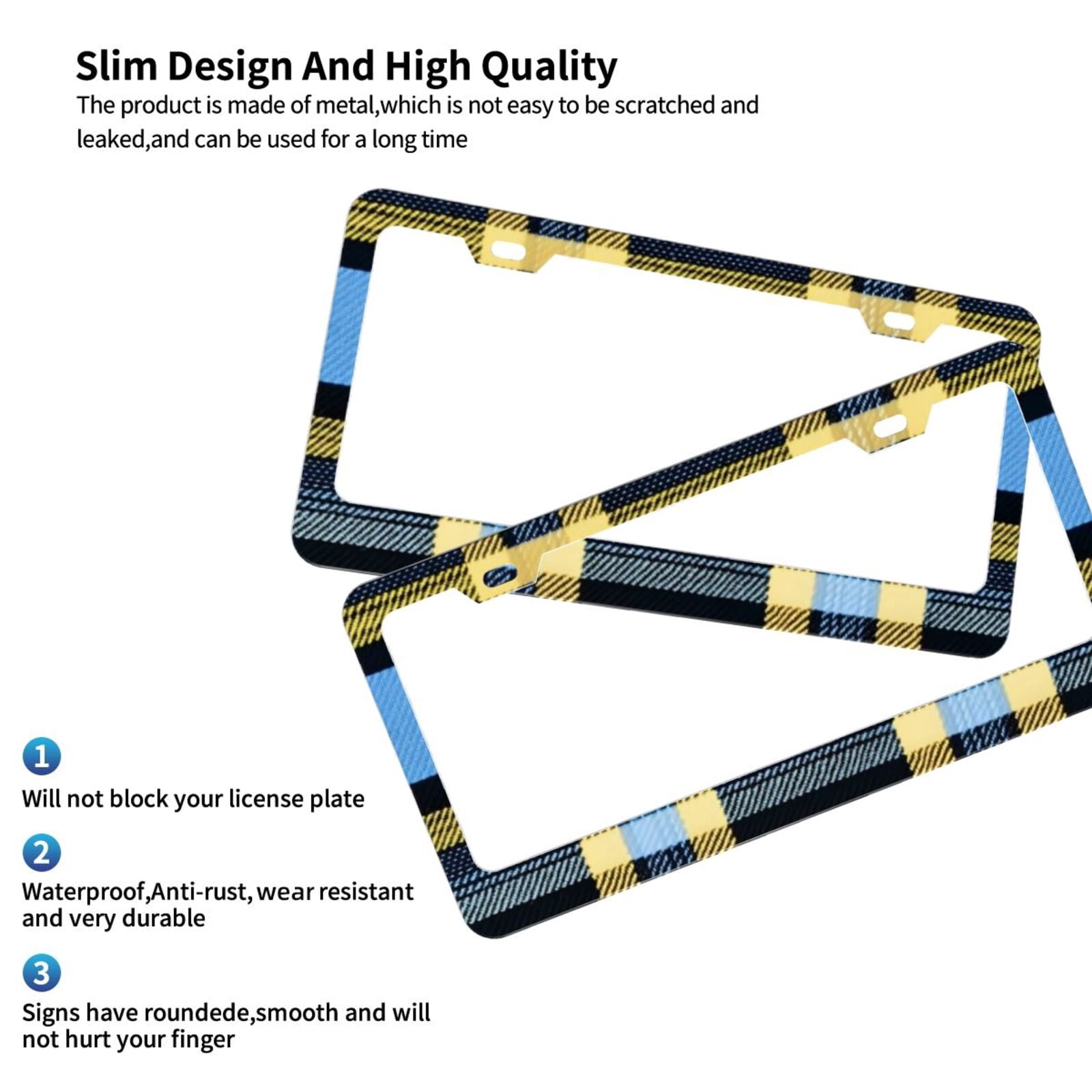 License Plate Frame With Screw Caps 2 Pack Car Plate Frame Front And Rear Rust-Proof Universal Car Tag Holder Cornflowerblue Buffalo Plaid Check Tartan Scotland_4