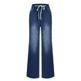 thumbnail image 4 of Bibifish Womens Jeans Dark Blue Drawstring Waist Wide Leg Denim Pants Side Pocket Soft Oversized Fit Casual Daily Outings Streetwear Trendy Jeans, 4 of 5