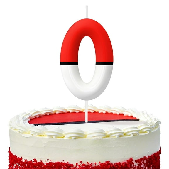 Red and white 0 birthday candles, number 0 cake candles, cartoon style game party decorations, suitable for Pokémon theme birthday cake layout