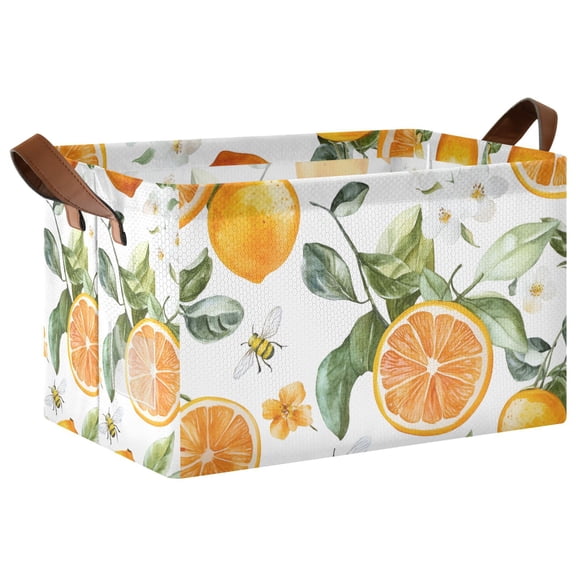 Yayeee Foldable Storage Basket for Shelves with Handles Waterproof Cloth Bins, Orange Watercolor Bees