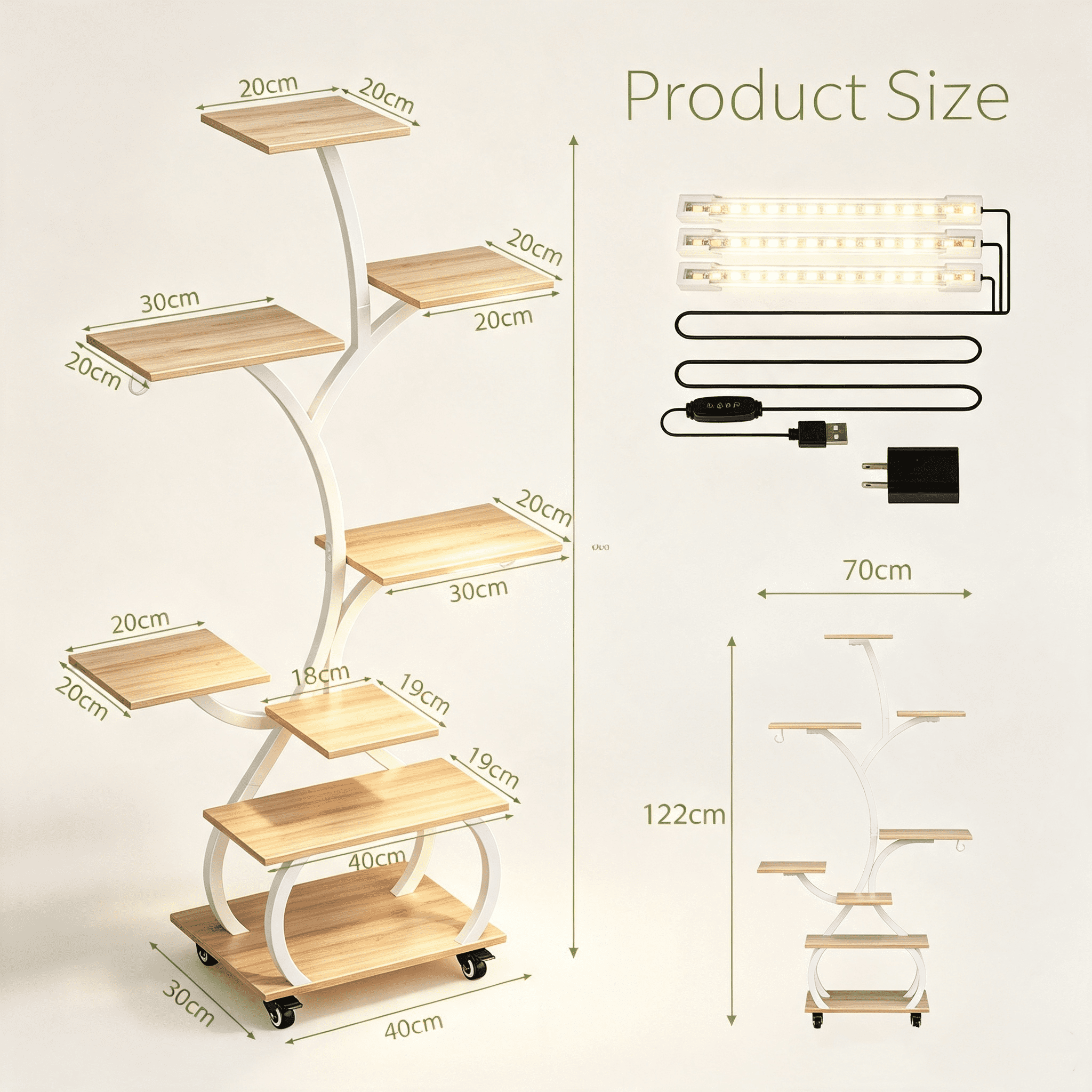 Tree Shaped Plant Stand with Full Spectrum Grow Light, White Metal Frame Plant Shelf with Lockable Wheels, 8-Tier Wooden Display Rack for Indoor Plants, 48x27.6x11.8 Inches