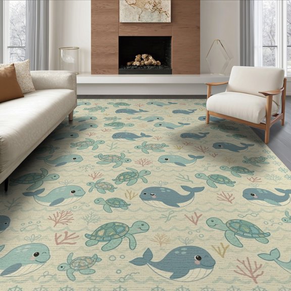 ODIKA 8'x10' Washable Area Rug Durable, Non-Slip And Sea Turtle Cartoon Ocean Animal With Nautical Border Whale Flowing Dynamic for Living Room, Under Sectional, Family