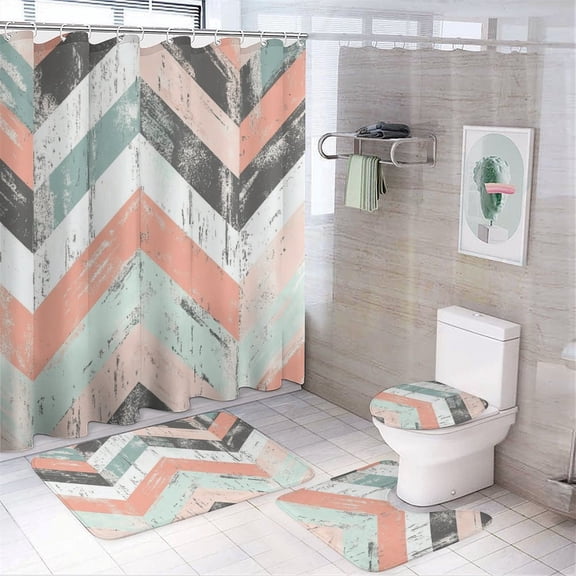 Shower Curtain Sets with Rugs 4 Piece with Rugs Toilet Lid Cover And Bath Mat Bohemian Chevron in Coral Mint Green And Grey Waterproof Shower Curtain Peach Green Grey Chevron Pattern