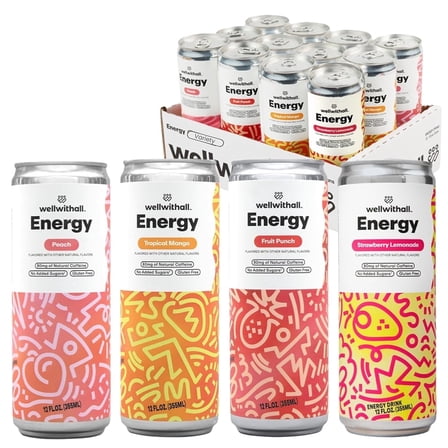 WellWithAll Energy Drink - Variety Pack - Natural Caffeine - Lightly Sparkling 12 oz, 12 Pack