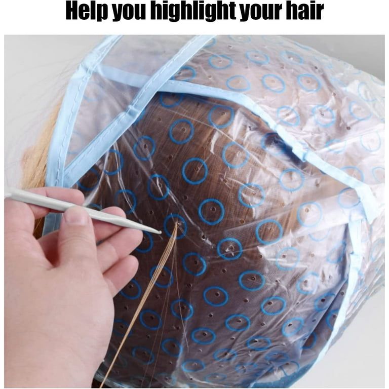 Hair Highlights Cap Set include 1PC Hair Dyeing Brush Reusable Hair Staining Cap Plastic Hooks Hair Coloring Salon Highlight Tool Blue