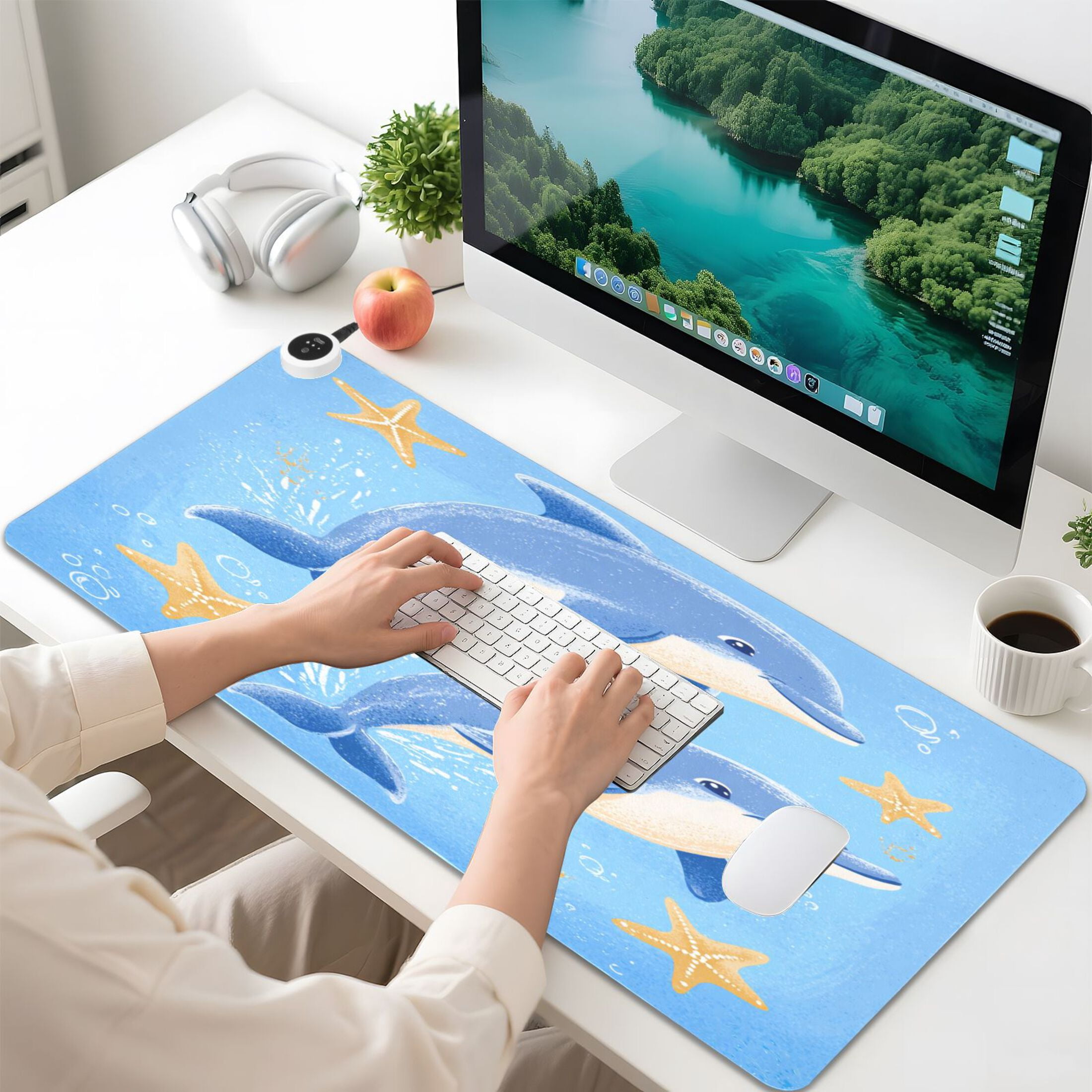 Large Heated Desk Mat Mouse Pad 31.5"x13"PU Leather Graphene Heating Desk Warmer with 3 Temperature Settings 110V US Plug Non-Slip Warm Pad for Home, Office, and Gaming Two Dolphins Jumping Pattern