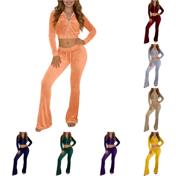 Unir Casual Velvet 2 Piece Tracksuit For Women, Long Sleeve Zip Crop Top & Elastic Drawstring Flared Pants Soft Plush Loungewear Outfit S-XXXL Plus Size Friendly True To Size