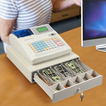 48 Keys Electronic Cash Register, Cash Management System with Thermal Printer Can Be Connected To Barcode Scanners, Small Ticket Printers and PCs