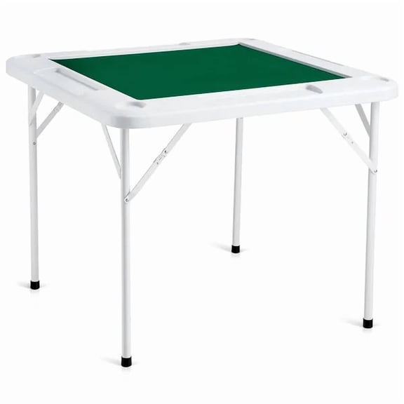 Mahjong Table, 4 Player Folding Domino Table with Wear-Resistant Green Tabletop, Portable Square Card Table with 4 Cup Holders & 4 Chip Trays for Mahjong Poker Puzzles, 35.4 x 35.4-inch