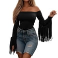 thumbnail image 2 of Endives Women's Long Sleeve Shirt Off Shoulder Western Cowboy Style Lightweight Sleeve with Tassel T Shirt Retro Shirt T Shirt Tunic Top Black, 2 of 7