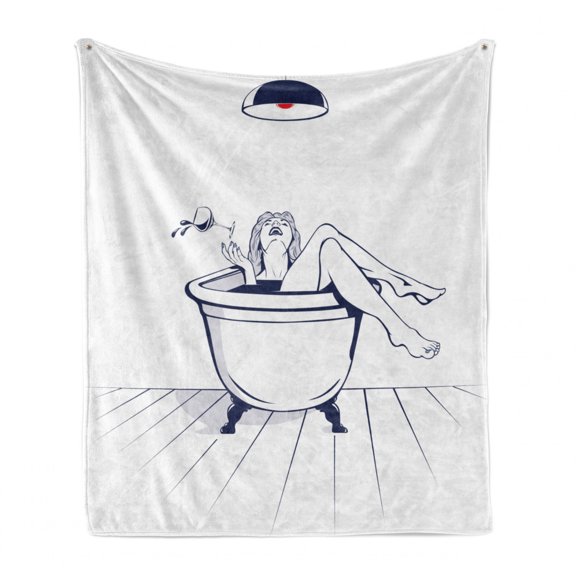 Wine Soft Flannel Fleece Throw Blanket, Young Woman Relaxing on the Bathroom with Glass of Wine Drawing Art, Cozy Plush for Indoor and Outdoor Use, 70" x 90", Dark Blue Red White, by Ambesonne