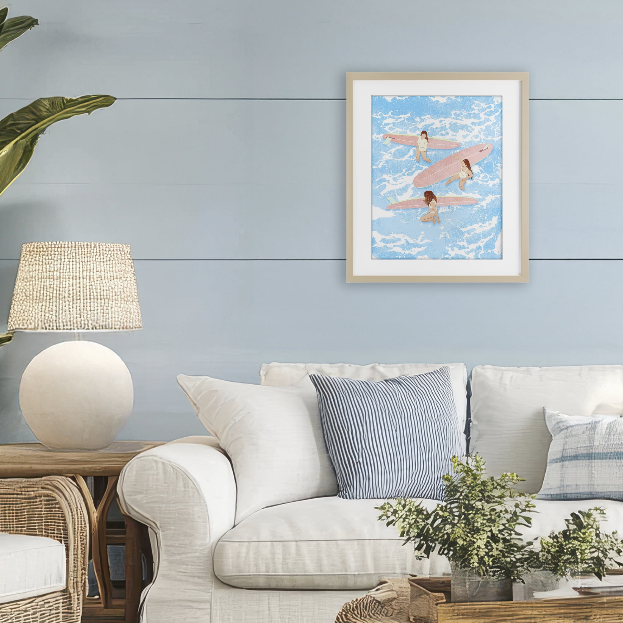 Surfing Girls Trio Birch Framed Print Under Glass, design by Ziwei Li