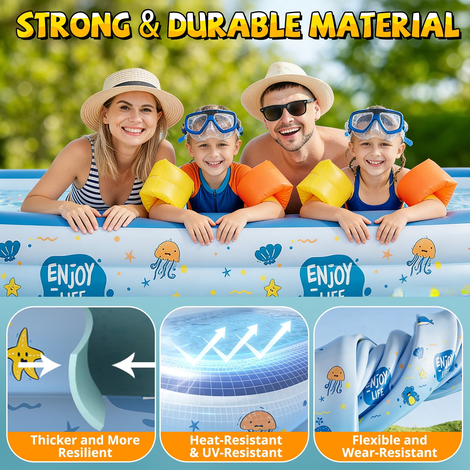 WonderStone Inflatable Swimming Pool, 113'' x 63'' x 20'' Large 3-Layer Thickened PVC Blow Up Pool with 8 Ocean Balls, Durable Family Pool for Adults & Kids, Backyard Garden Summer Water Fun