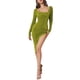 thumbnail image 1 of VISgogo, vestido midi elegante para mujer, fruncido, manga larga, dobladillo irregular con abertura alta, vestidos ajustados de Color sólido para fiesta de cóctel VISgogo  moda, 1 of 7