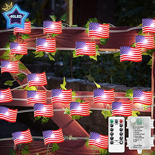 FastDeng 10ft American Flag Lights with Timer, 40 LEDs String Lights