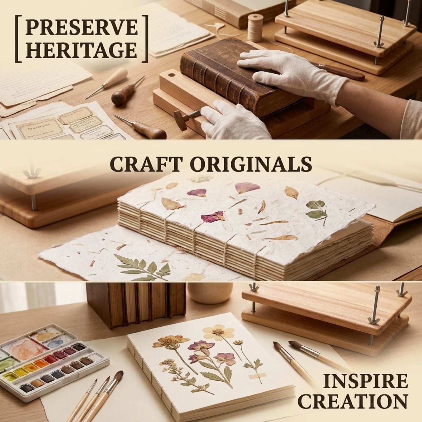 Wooden Bookbinding Press Kit, Portable Solid Wood Repair Clamp with Adjustable Screws, Complete Book Binding Tool Set for Old Book Repair, Handmade Journals, and Paper Craft