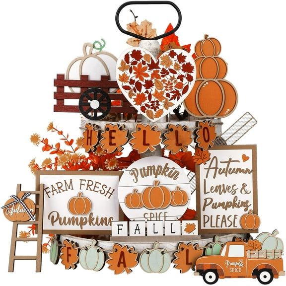 23 Pcs Fall Tiered Tray Decoration Set, Halloween Pumpkin Maple Leaf Truck Wooden Sign Decor - for Autumn Farmhouse Table Supplies (23 Pcs,Maple Leaf)