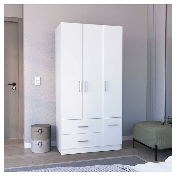 Sebree Armoire Wardrobe 71 Inch, 4 Door Clothes Organizer - 3 Cabinets, 6 Shelves, Hanging Rod - Bedroom Storage for Clothes & Accessories