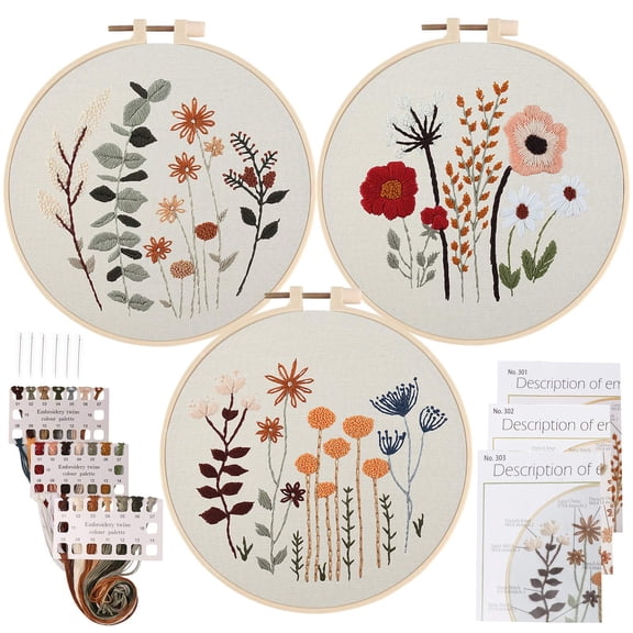 3 Pack Embroidery Starter Kit for Beginners Stamped Cross Stitch Kits with Flowers Plants Patterns with 1 Embroidery Hoop and Color Threads for Adults