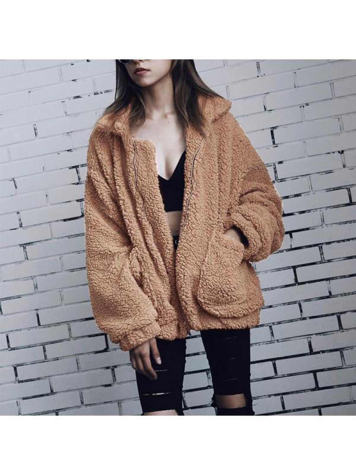 Women Fashionable Loose Lapel Cozy Jacket Coat Long Sleeve Autumn Winter Warm Zipper Plush Outwear - image 5 of 6