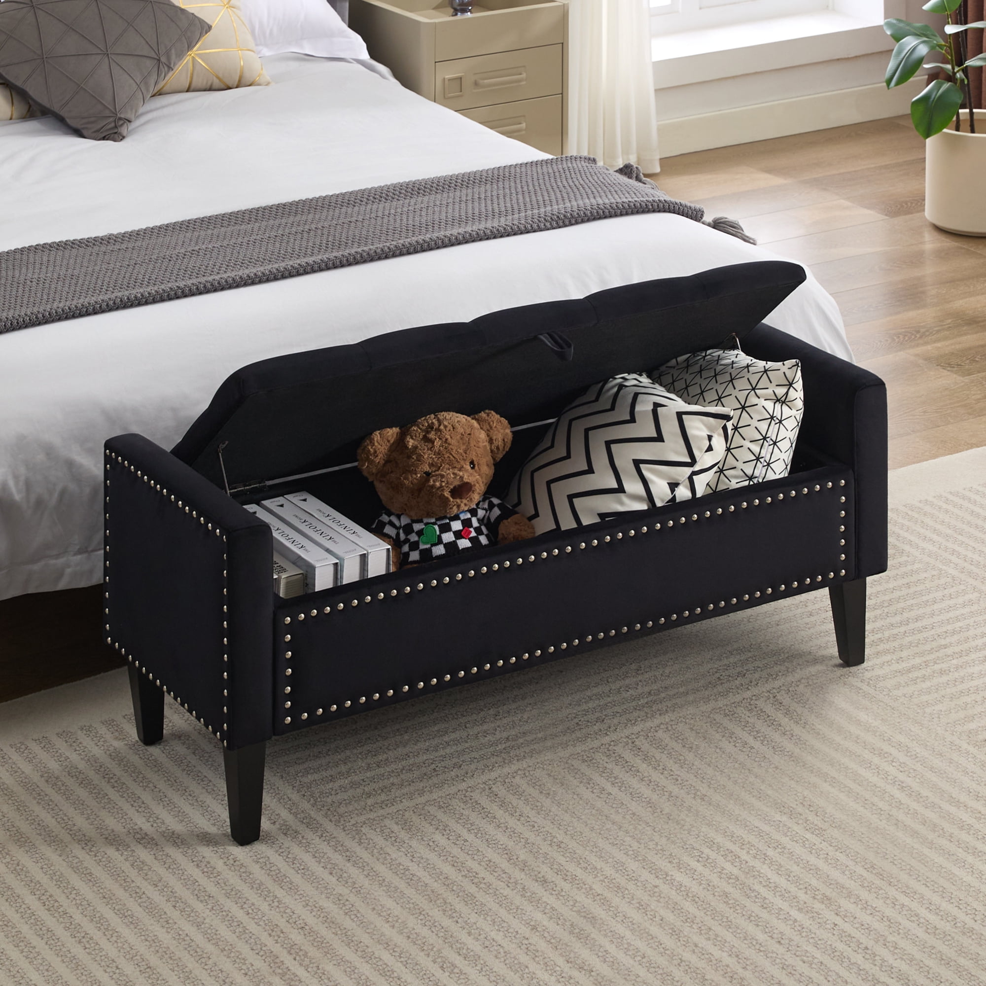 Velvet Storage Bench, Upholstered Bed Bench with Storage, End of Bed Ottoman with Wooden Legs,Bedside Storage Bench for Bedroom, Living Room, or Entryway, Black
