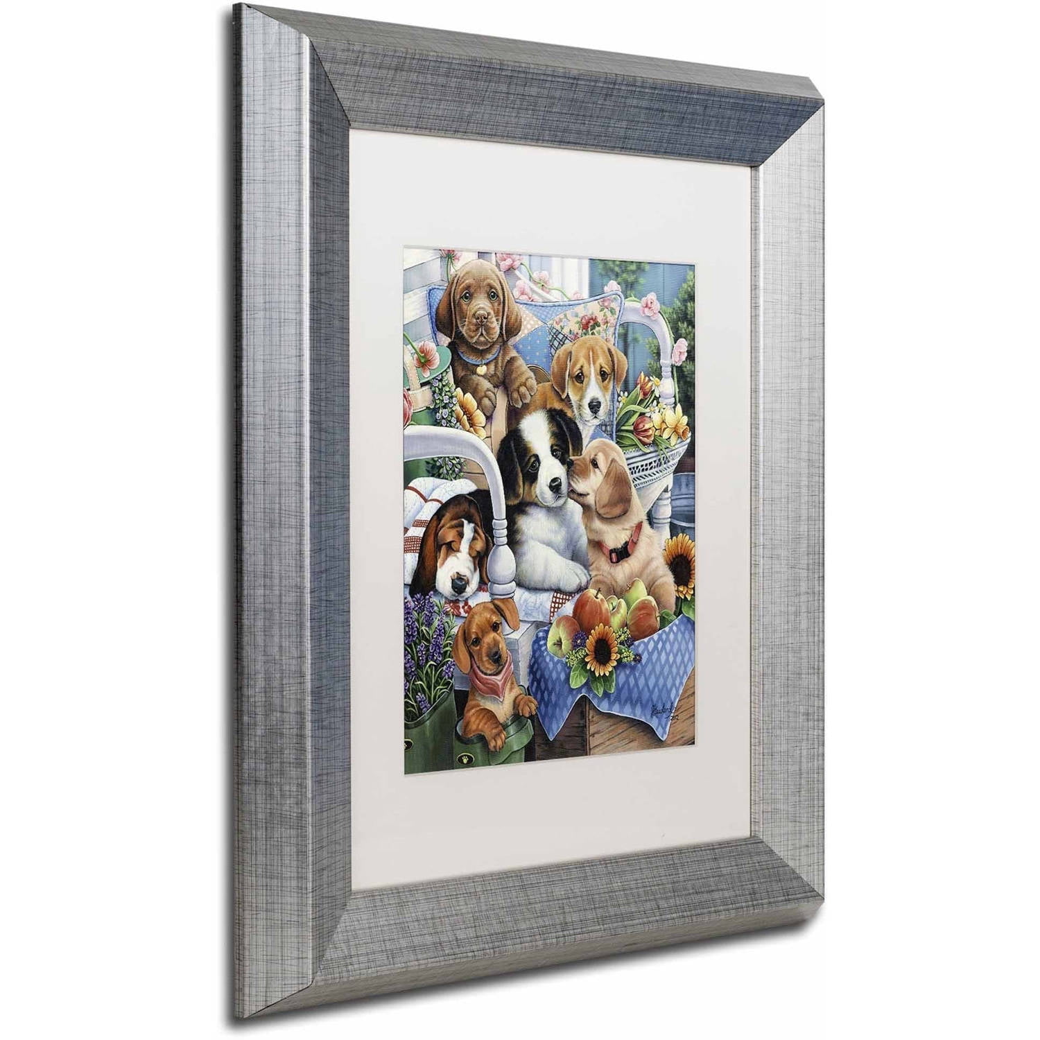 Trademark Fine Art 'Country Pups' Canvas Art by Jenny Newland, White Matte, Silver Frame