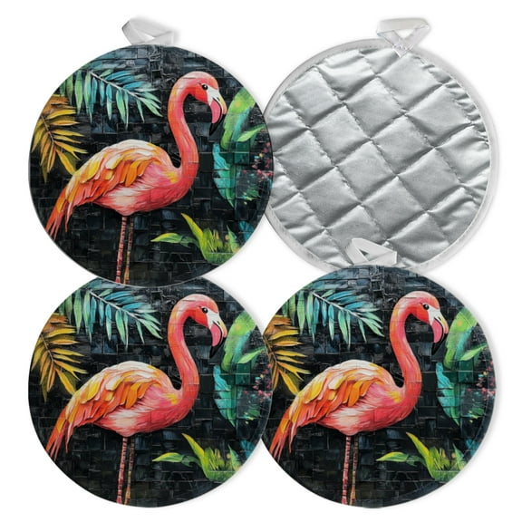 4 PCS Pot Holders for Kitchen,Potholders Sets with Hook for Oven,Cooking,Baking,Artistic Flamingo With Leafy Accents