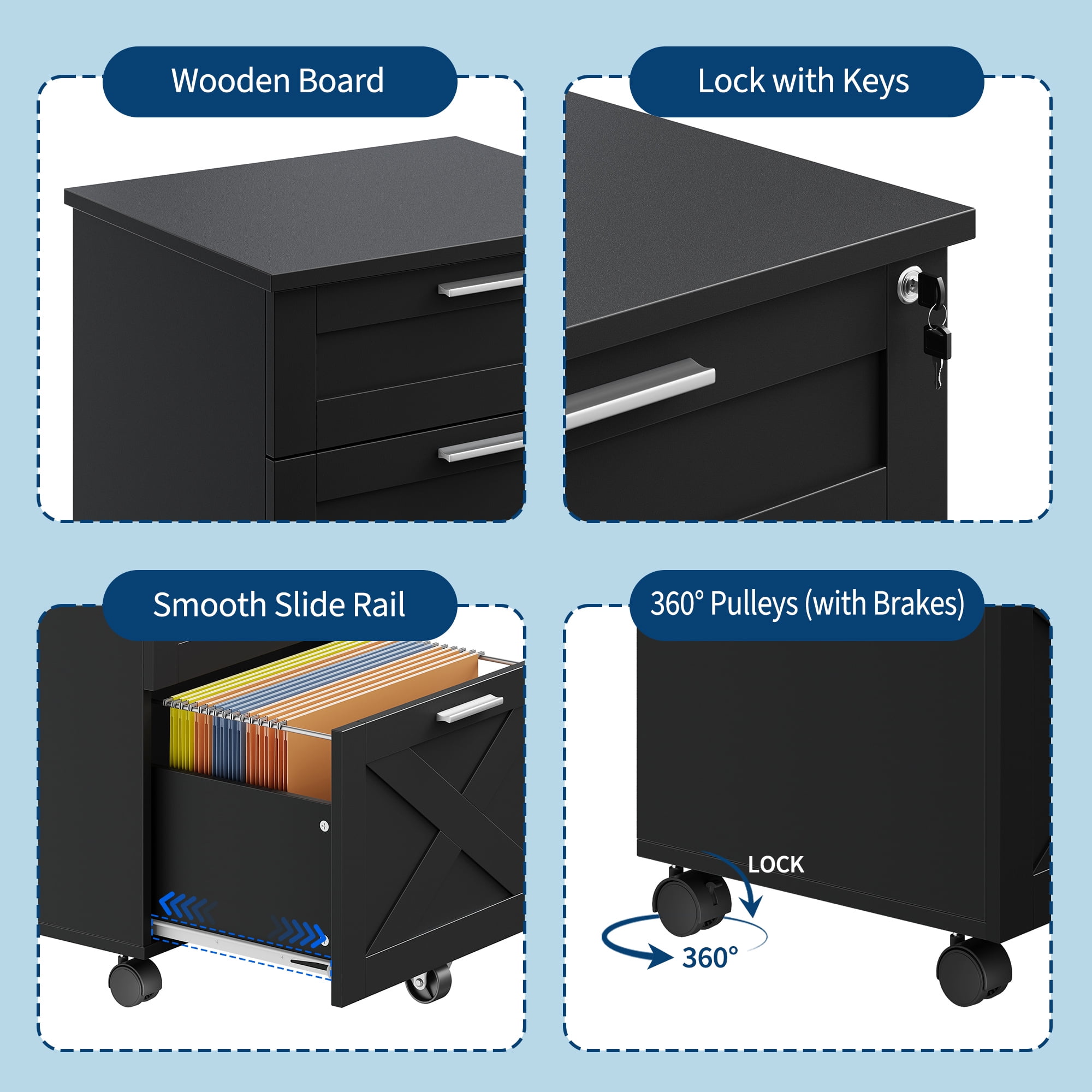 Ataucjin 3-Drawer Rolling File Cabinet with Lock,Wooden Mobile Filing Cabinet for Home Office,Under Desk Storage Organizer fits Letter/A4/Legal Size, Sturdy Printer Stand with Locking Casters