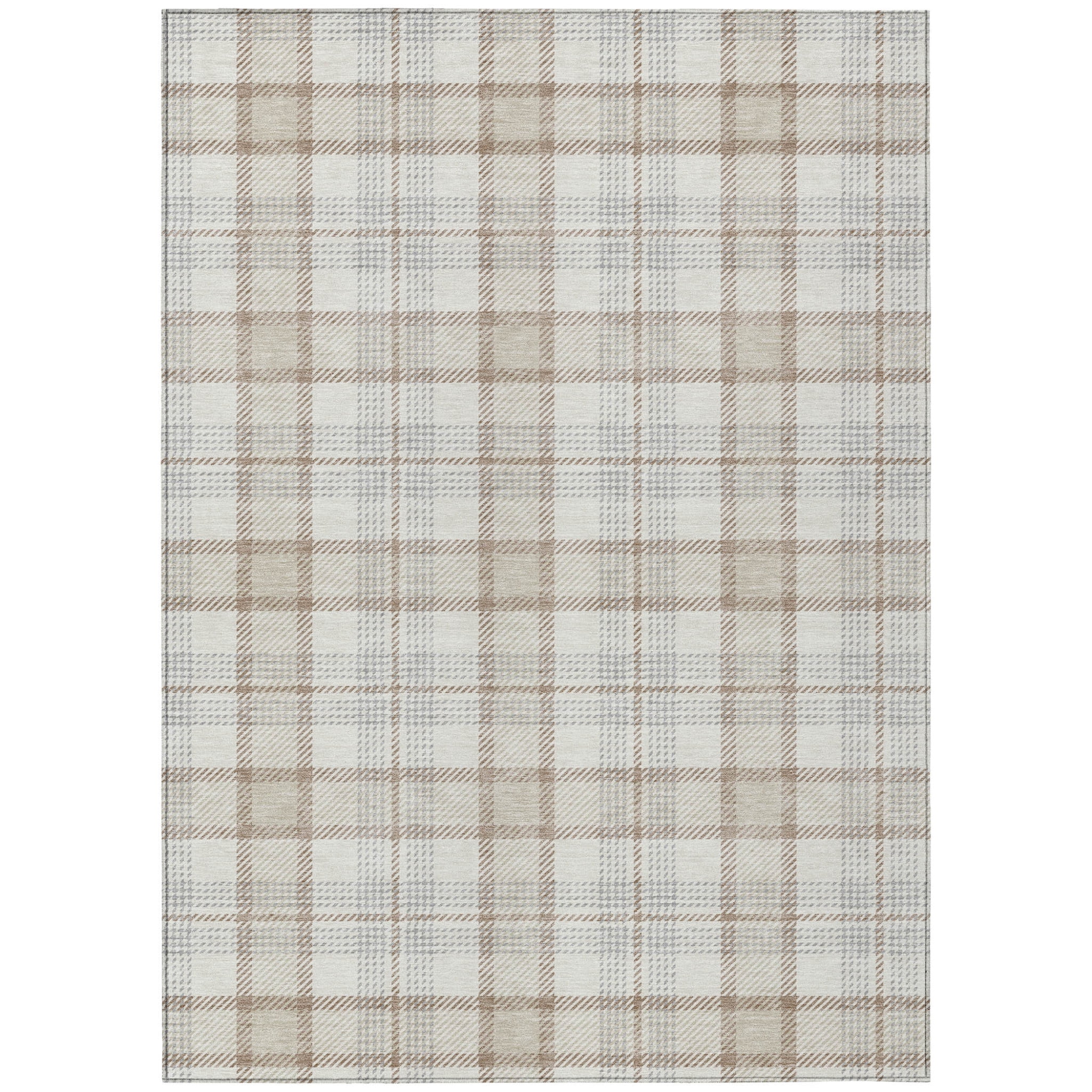 9' X 12' Linen And Brown Plaid Washable Indoor Outdoor Area Rug