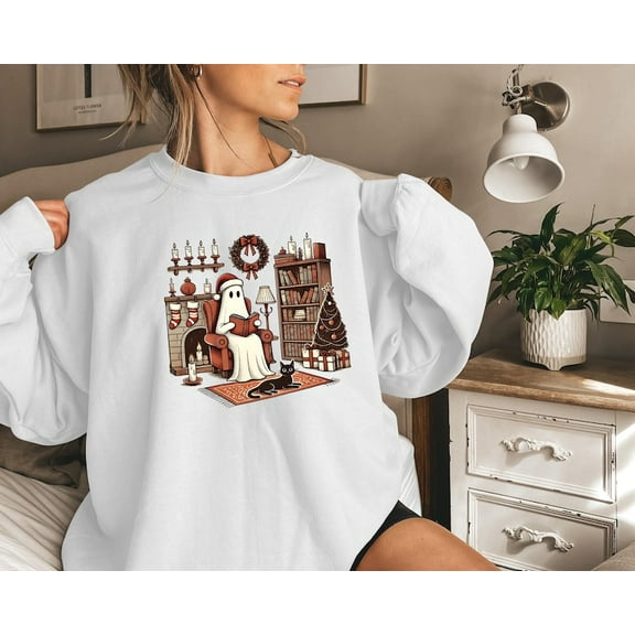 Retro Christmas Ghost Cat Reading Books Sweatshirt, Librarian Ghost Christmas, Xmas Teacher Sweatshirt, Teacher Xmas Gift, Christmas School