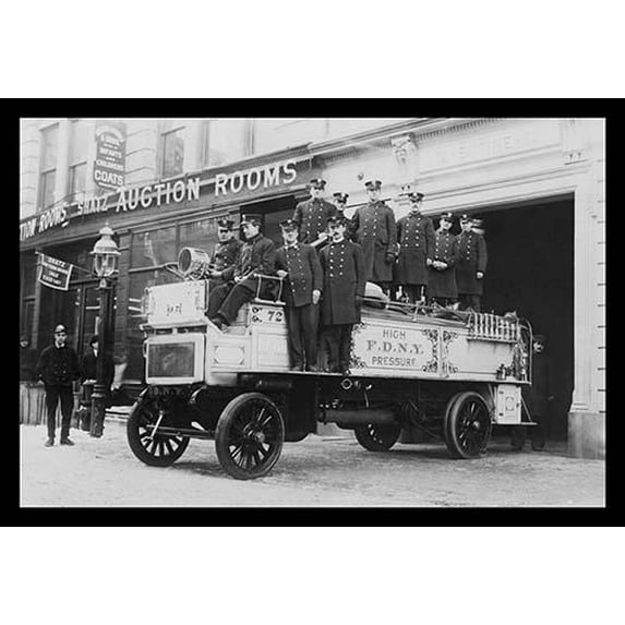 New York City Firemen posed on a Fire Engine- Fine Art Canvas Print (20" x 30")