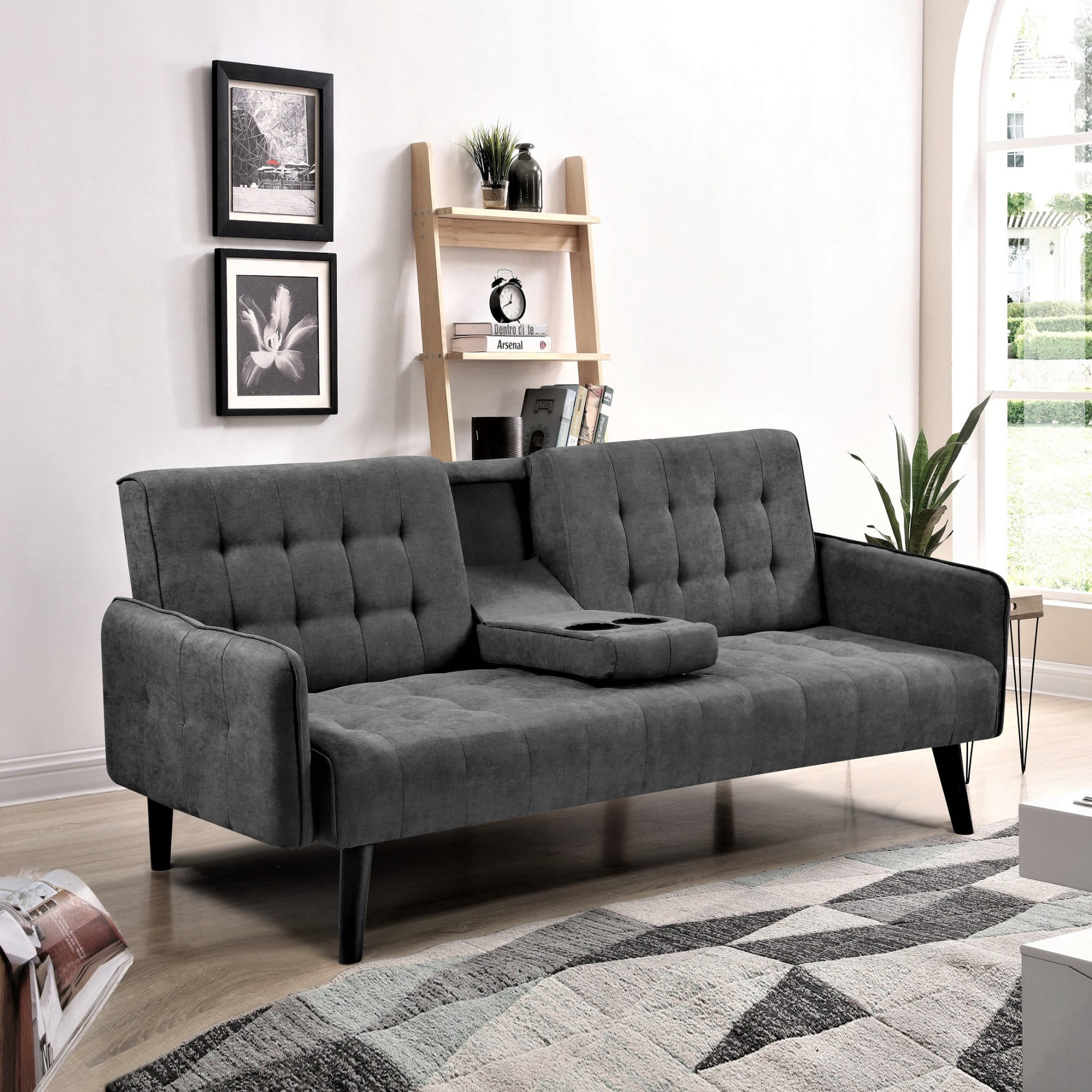 BSHTI 72" Linen Sleeper Sofa Bed with Folding Backrest,Adjustable Back, Drop-Down Table with Cup Holder for Living Room（Dark Gray）