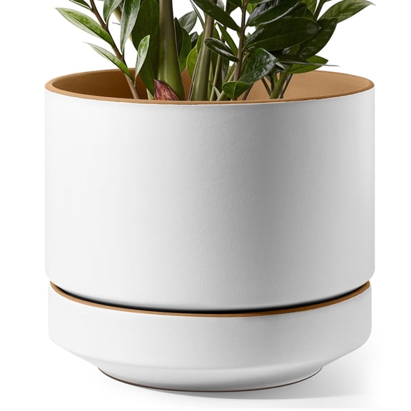 BEMAY 12" Ceramic Plant Pot with Drainage Hole & Separate Saucer, Large Indoor Planter, Two-Tone Modern Flower Pot for Living Room & Entryway,Alpine White & Ochre Pot for Plant