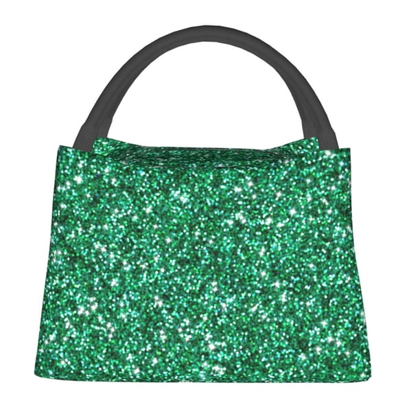 Easygdp Green Glitter Bolsa de Almuerzo Insulada Reutilizable, Bolsa de Mano y Bandolera para Oficina, Trabajo, Viajes