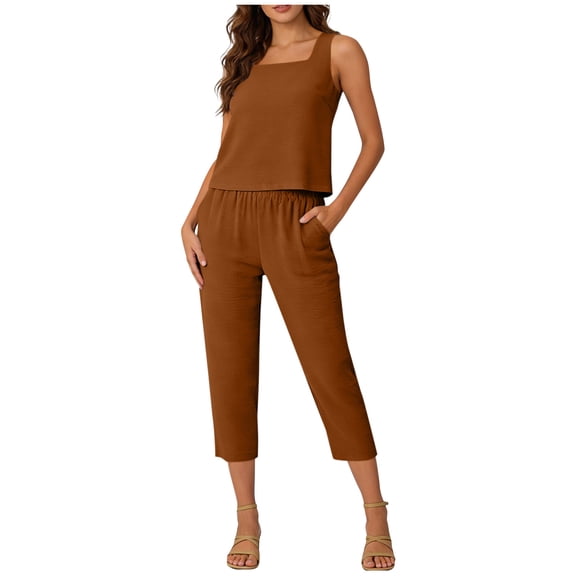 hoksml Women's Square Neck Sleeveless 2 Piece Sets, Summer Casual Outfits, Crop Top and Capri Pants