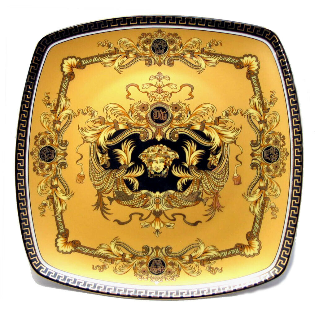 Euro Porcelain 7" Yellow Square Dinner Plate, Greek Key Medusa, 24kt