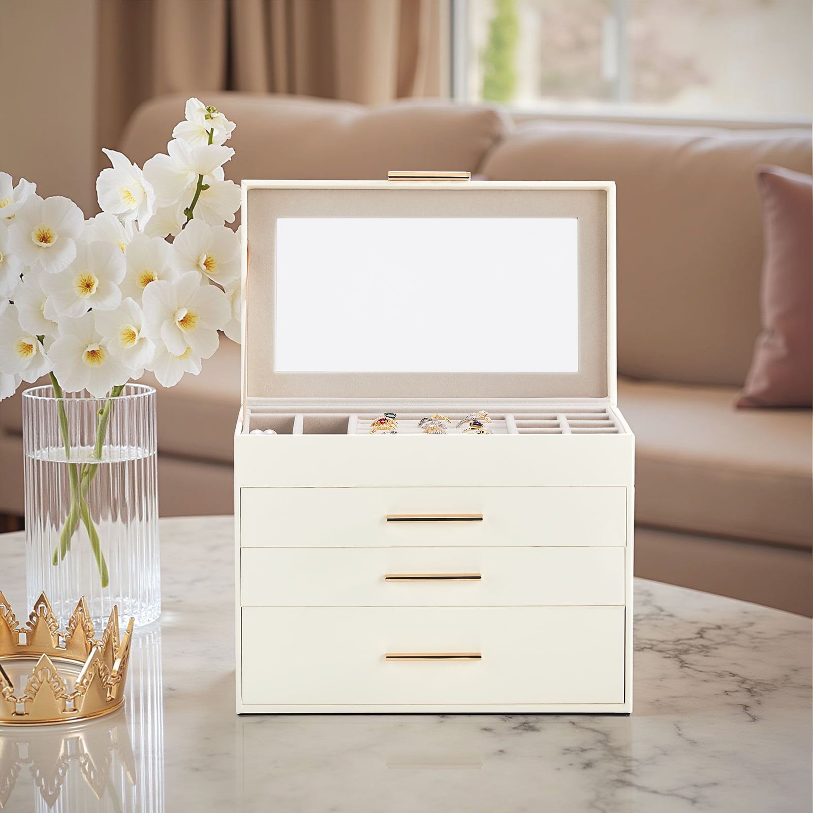 2-Drawer Jewelry Box White Jewelry Organizer with Pink Velvet Lining & Clear Top Lid Compact Storage White