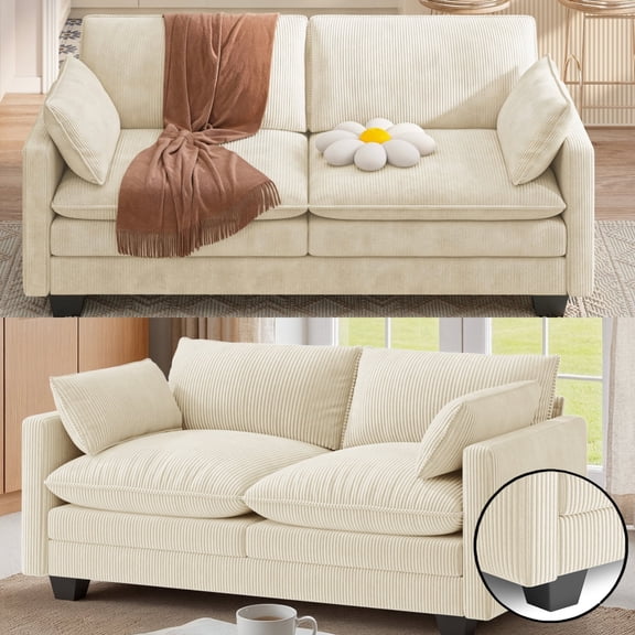 Sofa, Asofer 75" 2-Seater Modern Overstuffed Cloud Sofa with Double Layer High-Resilience Cushion, Pet & Kid Friendly Corduroy Fabric, Removable Washable, Yellow for Living Room & Small Spaces