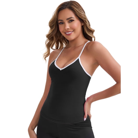 DARING DIVA Women's Colorblock Ice Silk Spaghetti Straps V Neck Tank Top S Black