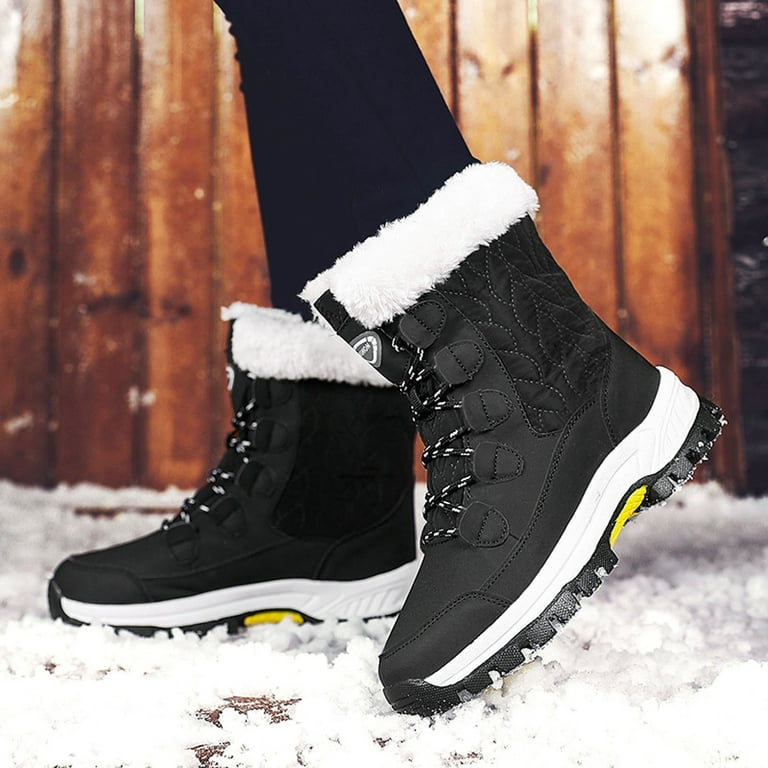 Fzm Snow Boots Flat Proof Warm Laceup Boots Women Water Keep Velvet Round Toe Shoes Plus Women's Boots, Size: 38, Black