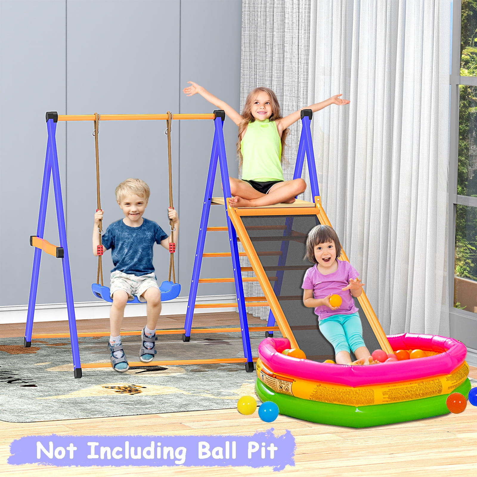 ​XIEWEI 4 in 1 Indoor Jungle Gym Playset with Swing and Slide Durable Metal Climber for Kids
