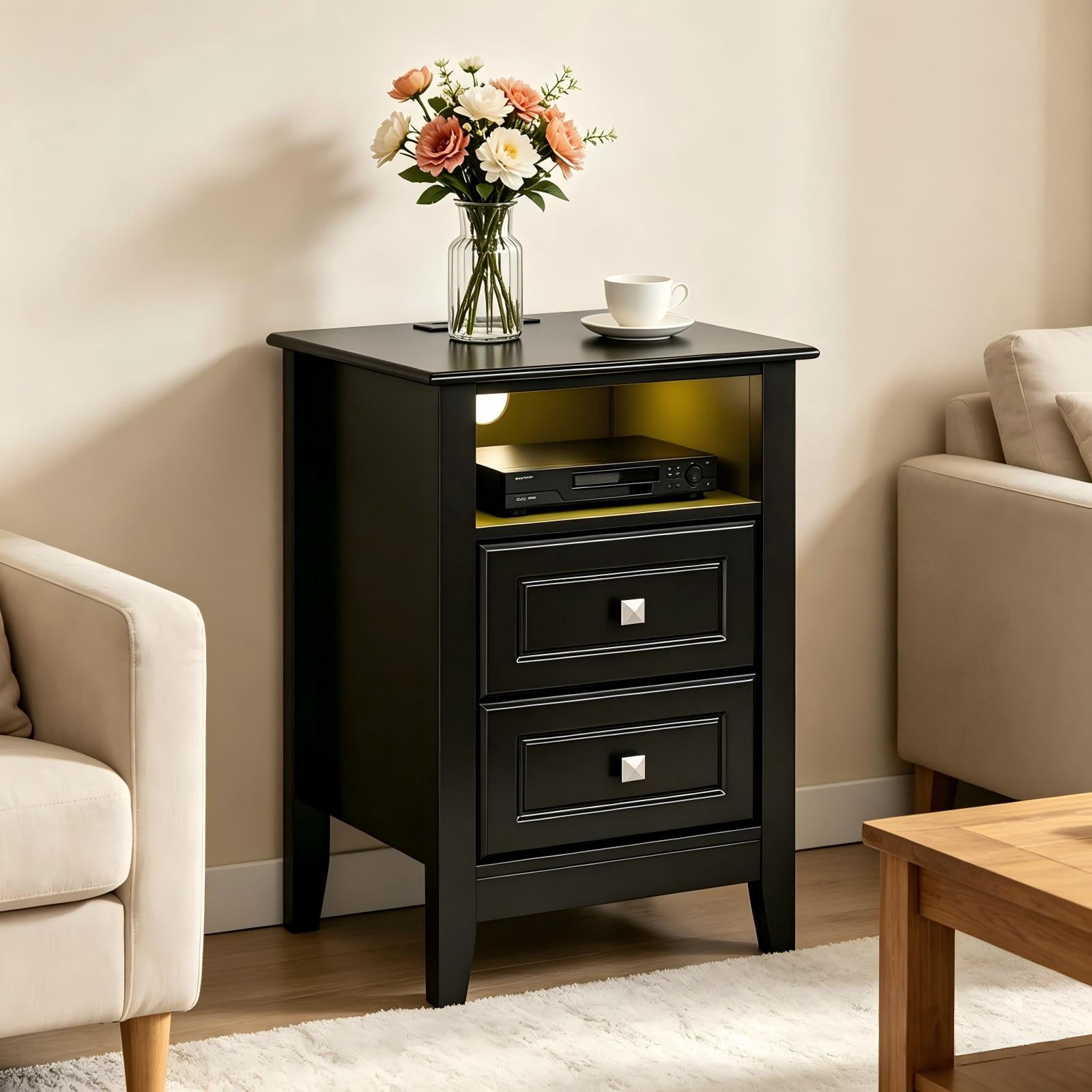2-Drawer Bedside Table with Shelves, MDF, Black, 15.75 x 13.78 x 23.62 in