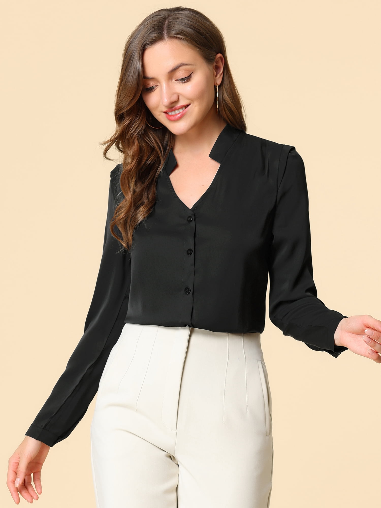 DARING DIVA Women's Elegant V Neck Long Sleeves Button Down Shirt 3XL Black