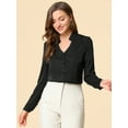 thumbnail image 3 of Camisa abotonada Allegra K cuello alto escote En V recortado carrera primavera Negro L, 3 of 6